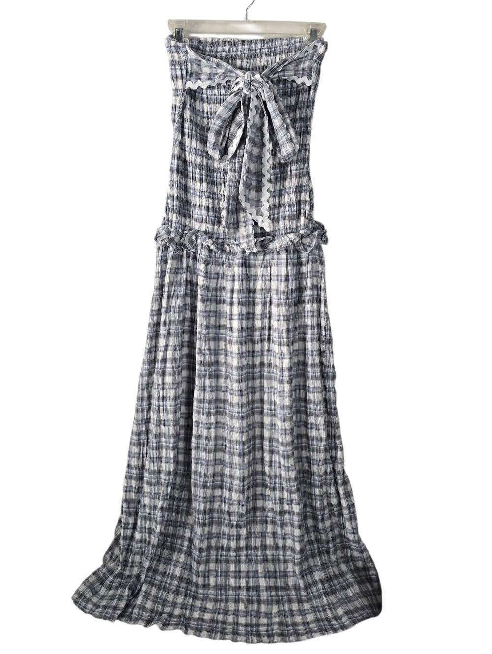 Peppermayo Malia Shirred Maxi Dress Blue Grey Check Plaid 8 Smocked Ruffles - Picture 2 of 14